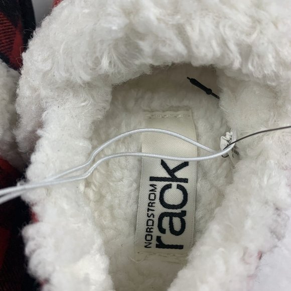Nordstrom Rack Faux Shearling Slippers Kid's 11/12 Red Bloom Buffalo Plaid 8009 - Picture 7 of 10